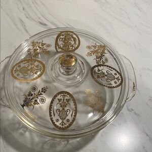 Mid century Fire King Elegant Gold Patterned Glass Serving Dish